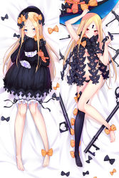 Rule 34 | 1girl, abigail williams (fate), abigail williams (second ascension) (fate), arm up, bare legs, barefoot, bed sheet, black bow, black dress, black hat, black panties, black thighhighs, blonde hair, bloomers, blue eyes, blush, bow, breasts, bug, butterfly, closed mouth, commentary request, daki-makura, dakimakura (medium), dress, fate/grand order, fate (series), forehead, hair bow, hat, hugging object, insect, key, keyhole, long hair, long sleeves, looking at viewer, lying, multiple views, navel, no shoes, on back, orange bow, oversized object, panties, parted bangs, polka dot, polka dot bow, red eyes, revealing clothes, single thighhigh, skull print, sleeves past fingers, sleeves past wrists, small breasts, smile, stuffed animal, stuffed toy, teddy bear, thighhighs, third-party source, underwear, unworn hat, unworn headwear, very long hair, white bloomers, witch hat
