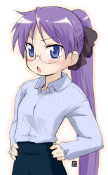 Rule 34 | 00s, aged up, alternate hairstyle, bespectacled, glasses, hair ribbon, hands on own hips, hiiragi kagami, lucky star, nagian, ponytail, ribbon, solo, tsurime