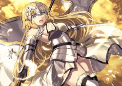 Rule 34 | 1girl, ahoge, akae neo, armor, armored dress, blonde hair, blue eyes, blush, braid, breasts, chain, cloud, fate/apocrypha, fate/grand order, fate (series), faulds, feathers, floating hair, gauntlets, hair between eyes, headpiece, holding, holding sword, holding weapon, jeanne d&#039;arc (fate), jeanne d&#039;arc (ruler) (fate), jeanne d&#039;arc (third ascension) (fate), large breasts, lens flare, long hair, looking at viewer, open mouth, outdoors, plackart, sidelocks, single braid, sky, solo, standard bearer, sword, thighhighs, very long hair, weapon, wind, wind lift, yellow sky