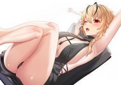 Rule 34 | 1girl, absurdres, arm up, armpits, ass, black hair, black panties, black sweater, blonde hair, blush, breasts, chair, cleavage, covered erect nipples, deogho (liujinzy9854), hair between eyes, highres, korean commentary, large breasts, meme attire, multicolored hair, one eye closed, open mouth, original, over shoulder, panties, red eyes, simple background, sitting, solo, squeans, streaked hair, sweater, thighs, two-tone hair, underwear, virgin killer sweater, white background, yawning