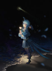 Rule 34 | 1girl, bird girl, bird legs, bird tail, bird wings, blue capelet, blue eyes, blue hair, blurry, brooch, capelet, collared dress, commentary, domtama, dress, english commentary, feathered wings, feathers, final fantasy, final fantasy xiv, flower, from behind, full body, glowing, glowing flower, head wings, highres, holding, holding flower, jewelry, lens flare, long sleeves, looking at viewer, looking back, meteion, night, night sky, ocean, outdoors, shooting star, shore, short hair, sky, smile, solo, standing, star (sky), starry sky, tail, talons, water, white dress, wings