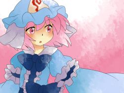 Rule 34 | 1girl, :o, arm garter, bad id, bad pixiv id, blush, female focus, frills, gradient background, hammer (sunset beach), hat, japanese clothes, kimono, long sleeves, looking to the side, mob cap, parted lips, pink background, pink eyes, pink hair, saigyouji yuyuko, short hair, simple background, solo, tareme, touhou, triangular headpiece, upper body, veil, white background