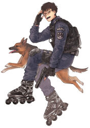 Rule 34 | 1boy, animal, black-framed eyewear, black eyes, black footwear, black gloves, black hair, black vest, blue pants, blue shirt, collared shirt, dog, english text, fingerless gloves, from side, full body, german shepherd, glasses, gloves, gun, hand up, handgun, highres, holding, holding gun, holding weapon, inumoto922, knee pads, load bearing vest, long sleeves, looking ahead, looking at viewer, male focus, midair, open mouth, original, pants, patch, police, police uniform, policeman, pouch, profile, rectangular eyewear, roller skates, running, salute, shirt, short hair, simple background, skates, star (symbol), tactical clothes, teeth, thigh pouch, thigh strap, tongue, tongue out, trigger discipline, turning head, uniform, unit patch, vest, weapon, white background