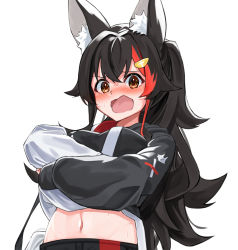 Rule 34 | 1girl, animal ear fluff, animal ears, black hair, black hoodie, blush, breasts, brown eyes, clothes lift, commentary request, daichi (daichi catcat), hair ornament, hairclip, highres, hololive, hood, hoodie, hoodie lift, lifting own clothes, long hair, long sleeves, looking at viewer, midriff, multicolored hair, navel, ookami mio, ookami mio (casual), open mouth, red hair, simple background, solo, streaked hair, upper body, virtual youtuber, white background, white hoodie, wolf ears