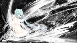 Rule 34 | 1girl, aqua eyes, aqua hair, arm up, armpits, censored, convenient censoring, elbow gloves, gloves, hatsune miku, highres, lace, lace-trimmed legwear, lace trim, light, long hair, navel, nude, solo, t@kumi, thighhighs, twintails, very long hair, vocaloid