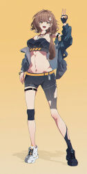 Rule 34 | 1girl, :d, absurdres, arknights, arm strap, arm up, asymmetrical footwear, asymmetrical shorts, bare shoulders, black footwear, black gloves, black shorts, blue jacket, breasts, brown hair, commentary, fingerless gloves, firewhistle (arknights), full body, gloves, hair ornament, hairclip, highres, jacket, large breasts, leggings, long hair, looking at viewer, midriff, mismatched footwear, navel, off shoulder, open mouth, postalworks, shoes, shorts, smile, sneakers, solo, standing, stomach, strapless, thigh strap, thighs, tube top, v, very long hair, white footwear, yellow background, yellow eyes