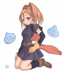 Rule 34 | 1girl, :d, ankle boots, barbara (dq6), belt, black socks, blue skin, blush, bonoramo, boots, breasts, cape, colored skin, dragon quest, dragon quest vi, dress, earrings, elbow gloves, female focus, forehead, gloves, hand on own hip, high ponytail, jewelry, jumping, kneehighs, kneeling, light smile, looking at viewer, looking back, lowres, monster, narrow waist, open mouth, orange hair, ponytail, profile, purple eyes, red hair, resized, scrunchie, shadow, short dress, short sleeves, signature, simple background, slime (dragon quest), small breasts, smile, socks, solo, square enix, turtleneck, white background, | |