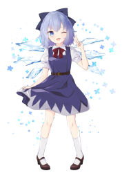 Rule 34 | 1girl, ;d, belt, belt buckle, black bow, blue dress, blue eyes, blue hair, blue wings, bow, breasts, brown belt, brown footwear, buckle, cirno, collared shirt, commentary request, detached wings, dress, full body, hair between eyes, hair bow, hand up, highres, ice, ice wings, looking at viewer, one eye closed, open mouth, puffy short sleeves, puffy sleeves, purin jiisan, red bow, shirt, shoes, short sleeves, skirt hold, sleeveless, sleeveless dress, small breasts, smile, socks, solo, standing, touhou, v, white background, white shirt, white socks, wings