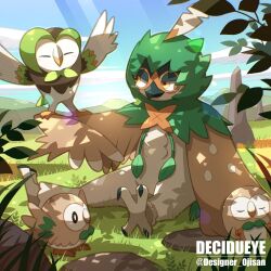 Rule 34 | ^ ^, arms up, artist name, black eyes, blue sky, blush, branch, bright pupils, character name, closed eyes, cloud, commentary request, creatures (company), dappled sunlight, dartrix, day, decidueye, designer ojisan, evolutionary line, game freak, gen 7 pokemon, grass, highres, leaf, light rays, looking at another, mountainous horizon, nintendo, no humans, on grass, outdoors, pokemon, pokemon (creature), rock, rowlet, shadow, sitting, sky, sleeping, sleeping upright, sunbeam, sunlight, talons, twitter username, u u, white pupils, yellow eyes