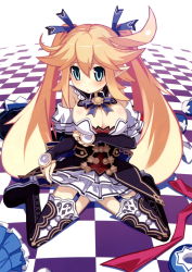 Rule 34 | 1girl, :/, attouteki yuugi mugen souls, attouteki yuugi mugen souls z, blonde hair, blue eyes, blush, boots, breasts, bridal gauntlets, cleavage, cosplay, detached collar, full body, garter straps, hair ribbon, highres, large breasts, long hair, nanameda kei, neck ribbon, neptune (series), noire (neptunia), noire (neptunia), noire (neptunia) (cosplay), non-web source, official art, panties, pantyshot, pointy ears, ribbon, shilma (mugen souls), sitting, skirt hold, solo, thigh boots, thighhighs, twintails, underwear, very long hair, wariza, white panties