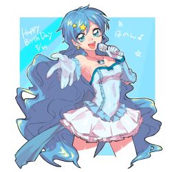 Rule 34 | 1girl, :d, armpits, bad id, bad pixiv id, bare shoulders, blue background, blue dress, blue eyes, blue hair, breasts, covered navel, cowboy shot, dated, detached sleeves, dress, earrings, frilled skirt, frills, gloves, hair ornament, happy birthday, holding, holding microphone, jewelry, long hair, looking at viewer, medium breasts, mermaid melody pichi pichi pitch, microphone, music, ohisashiburi, open mouth, outstretched arm, singing, skirt, smile, solo, standing, star (symbol), star earrings, star hair ornament, very long hair, white gloves, white skirt