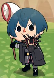 Rule 34 | 1boy, animal crossing, armor, black eyes, blue hair, bug, butterfly net, byleth (fire emblem), byleth (male) (fire emblem), crossover, fire emblem, fire emblem: three houses, gloves, hand net, hand up, happy, highres, looking at viewer, male focus, mt0kyosk510, net, nintendo, outdoors, parody, standing, style parody, tarantula, villager (animal crossing)
