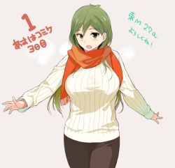 Rule 34 | 1girl, :d, breasts, chikurin (sasamori tomoe), countdown, green eyes, green hair, jpeg artifacts, large breasts, matching hair/eyes, open mouth, original, ribbed sweater, sasamori tomoe, scarf, simple background, smile, solo, sweater