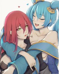 Rule 34 | 2girls, aqua hair, bare shoulders, blue hair, breasts, cleavage, closed eyes, green eyes, highres, katarina (league of legends), large breasts, league of legends, liya nikorov, long hair, multiple girls, open mouth, red hair, scar, scar across eye, scar on face, sona (league of legends), twintails, very long hair