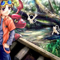 Rule 34 | 00s, 1boy, brown hair, claws, digignome, digimon, digimon (creature), digimon tamers, diginome, goggles, guilmon, lowres, male focus, matsuda takato, monster, red eyes, short hair, solo, tree, water, yellow eyes