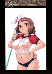 Rule 34 | 1girl, arched back, black border, blush, border, breasts, brown hair, cameltoe, cleft of venus, covered erect nipples, cowboy shot, crop top, female focus, flag, gym uniform, hand on own hip, headband, highres, looking at viewer, medium breasts, navel, nipples, nishi iori, no bra, numbered flag, original, pink eyes, see-through, shirt, short hair, smile, solo, standing, sweat, tareme, wet, wet clothes, wet shirt