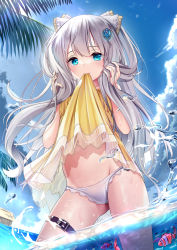 Rule 34 | 1girl, belt, bikini, blue eyes, blush, bubble, clothes in mouth, clothes lift, cloud, clownfish, cowboy shot, dress, dress in mouth, dress lift, eyebrows hidden by hair, fish, grey hair, groin, hair ornament, hair ribbon, highres, holding, holding own hair, leaf, long hair, looking at viewer, midriff, mouth hold, ocean, original, partially submerged, ribbon, sky, solo, stomach, swimsuit, thigh strap, thighs, twintails, wading, wet, wet clothes, white bikini, yan (nicknikg), yellow dress
