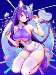 Rule 34 | 1girl, animal ear fluff, animal ears, arm strap, armpits, bare shoulders, bell, bikini, blue eyes, bow, breasts, cat ears, cat girl, cat tail, choker, clickdraws, garter straps, grin, hands up, highres, jingle bell, large breasts, long hair, looking at viewer, mika moonlight, multicolored hair, nail polish, navel, paw pose, purple bikini, purple hair, shoes, skindentation, smile, solo, stomach, swimsuit, tail, tail bow, tail ornament, tail raised, taut bikini, taut clothes, thighhighs, thighs, two-tone hair, underboob, virtual youtuber, vrchat, white thighhighs, yarn, yarn ball