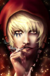 Rule 34 | 1boy, blonde hair, cigarette, commentary, donquixote rocinante, english commentary, eyelashes, facepaint, highres, holding, holding cigarette, hood, hood up, kiranmyu, looking at viewer, male focus, one piece, realistic, short hair, smoke, solo