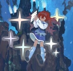 Rule 34 | 1girl, blue dress, blue footwear, boots, closed eyes, dress, floating, floating hair, holding, holding shell, knee boots, long hair, long sleeves, no nose, original, parted lips, red hair, seashell, seasideiiii, shell, solo, star (symbol), translation request, underwater, volcano, watermark, white sleeves