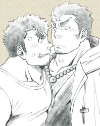 Rule 34 | 2boys, abs, angry, bara, beads, beard, black hair, blush, body hair, chest hair, cross scar, ezaki papiko, facial hair, fang, greyscale, highres, houzouin oniwaka, long sideburns, looking at another, male focus, manly, monochrome, mononobe kyoma, multiple boys, muscular, open clothes, pectorals, scar, scar on face, scar on forehead, sideburns, simple background, stubble, takabushi kengo, tank top, thick eyebrows, tokyo houkago summoners, upper body