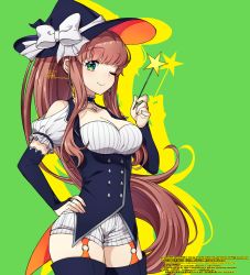 Rule 34 | 1girl, ;), bare shoulders, black gloves, blunt bangs, breasts, bridal gauntlets, brown hair, choker, commentary request, cowboy shot, dated, doki doki literature club, earrings, elbow gloves, frilled choker, frills, gloves, green background, green eyes, halloween, hand on own hip, hat, highres, jewelry, large breasts, long hair, looking at viewer, monika (doki doki literature club), nan (gokurou), o-ring, one eye closed, ponytail, short shorts, short sleeves, shorts, simple background, smile, solo, thighhighs, very long hair, wand, watermark, witch hat