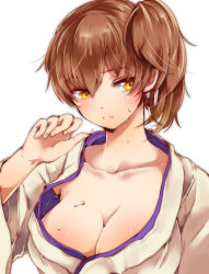 Rule 34 | 10s, 1girl, breasts, brown hair, cleavage, frown, japanese clothes, kaga (kancolle), kantai collection, kimono, large breasts, mataichi mataro, open clothes, open kimono, side ponytail, simple background, solo, sweat, upper body, white background, yellow eyes