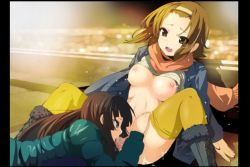 Rule 34 | 2girls, akiyama mio, black eyes, black hair, blush, boots, bottomless, breasts, breasts apart, breasts out, brown eyes, brown hair, censored, clothed sex, clothes lift, coat, couple, cunnilingus, facing another, female focus, hairband, hand on leg, holding legs, jacket, k-on!, large breasts, leaning back, legs, licking, long hair, looking down, lying, matching hair/eyes, moaning, mokusei zaijuu, multiple girls, night, nipples, no bra, no panties, no pants, on stomach, open clothes, open jacket, open mouth, oral, outdoors, partially undressed, pussy, pussy juice, scarf, sex, shirt lift, short hair, sitting, socks, spread legs, stomach, sweat, tainaka ritsu, tears, thighhighs, thighs, tongue, tongue out, wet, yellow legwear, yuri