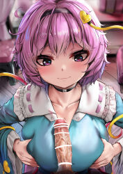 1girl bar_censor black_choker black_hairband blurry blurry_background blush breasts censored choker cleavage closed_mouth collarbone commentary_request hairband heart highres imminent_paizuri indoors komeiji_satori large_breasts looking_at_penis messy_hair penis pink_eyes pink_hair pov short_hair solo_focus touhou upper_body variant_set veins veiny_penis yamataka