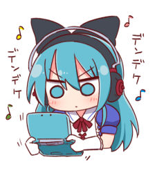Rule 34 | 1girl, ayasaki yuu (band brothers), black bow, blue eyes, blue hair, blush, bow, closed mouth, collared shirt, cropped torso, daigasso! band brothers, gloves, hair between eyes, hair bow, handheld game console, headphones, holding, long hair, naga u, neck ribbon, puffy short sleeves, puffy sleeves, red ribbon, ribbon, shirt, short sleeves, simple background, solo, translation request, upper body, v-shaped eyebrows, white background, white gloves, white shirt