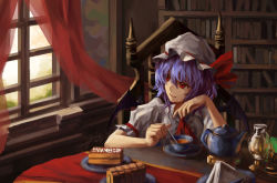 Rule 34 | 1girl, ascot, bat wings, blouse, blue hair, bookshelf, cake, chair, cup, curtains, dated, fang, faux traditional media, food, hand up, hat, hat ribbon, highres, indoors, lamp, looking away, looking outside, mob cap, nangua mache, parted lips, plate, red eyes, remilia scarlet, ribbon, sandwich, shirt, short hair, short sleeves, signature, sitting, solo, stirring, table, tablecloth, tea, teacup, teapot, touhou, window, wings