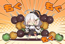 Rule 34 | 1girl, antenna hair, black hat, black skirt, blush, breasts, closed mouth, dango, eating, emphasis lines, food, food-themed hair ornament, food on face, full body, grey hair, hair between eyes, hair ornament, hat, highres, holding, holding food, kizuna akari, large breasts, long hair, long sleeves, milkpanda, motion lines, shirt, shoes, skirt, solo, standing, voiceroid, wagashi, white footwear, white shirt