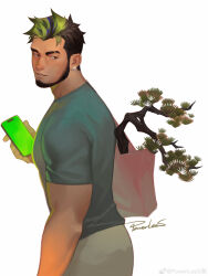 Rule 34 | 1boy, absurdres, bara, bird earrings, black hair, breasts, dark-skinned male, dark skin, eyebrow cut, feet out of frame, gradient hair, green hair, highres, holding, holding phone, large pectorals, looking at viewer, looking back, male focus, mature male, multicolored hair, muscular, muscular male, original, parted lips, pectorals, phone, plant, powerlesssong, shirt, short hair, solo, t-shirt, thick eyebrows, walking