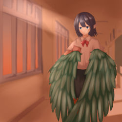 Rule 34 | 1girl, black hair, book, commentary request, feathered wings, feathers, green eyes, green feathers, hallway, harpy, highres, holding, holding book, kazami windy, light rays, monster girl, original, pointy ears, school uniform, shirt, short hair, short sleeves, skirt, solo, sunbeam, sunlight, white shirt, winged arms, wings