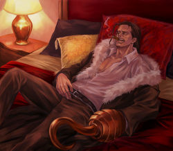 Rule 34 | 1boy, amputee, arisue kanako, bed, belt, black hair, cigar, coat, collared shirt, crocodile (one piece), formal, fur coat, fur trim, hair slicked back, hook hand, lamp, looking away, lying, male focus, muscular, on back, on bed, one piece, pants, pillow, scar, shirt, smoking, solo, suit, undressing, white eyes