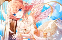 Rule 34 | 1girl, absurdres, angel, angel wings, bare shoulders, blue eyes, bow, braid, breasts, cleavage, commentary, detached sleeves, dress, feathers, flower, hair between eyes, hair ornament, hair ribbon, harp, highres, holding, holding instrument, instrument, large breasts, maerchen (album), onsem, orange bow, outdoors, pink wings, ribbon, short hair, smile, solo, white dress, white feathers, white flower, white ribbon, wigns, wings, yellow dress