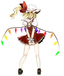 Rule 34 | 1girl, arms behind back, backless dress, backless outfit, bare legs, blouse, crystal, demon wings, dress, female focus, flandre scarlet, frills, from behind, full body, hat, legs apart, loafers, mob cap, own hands together, puffy short sleeves, puffy sleeves, red dress, shirt, shoes, short sleeves, simple background, socks, solo, standing, takaharu, touhou, v arms, white background, white hat, white shirt, white socks, wings, wrist cuffs