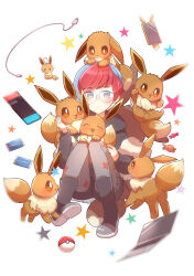 Rule 34 | 1girl, absurdres, blue hair, blush, boots, cable, closed mouth, commentary request, computer, creatures (company), eevee, game freak, gen 1 pokemon, glasses, grey eyes, harapeko (syokuyokuousei), highres, hood, hoodie, laptop, long sleeves, multicolored hair, nintendo, on head, pantyhose, penny (pokemon), pokemon, pokemon (creature), pokemon on head, pokemon sv, print pantyhose, red hair, round eyewear, short hair, star (symbol), two-tone hair, white background