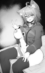 Rule 34 | 1girl, :3, ahoge, animal collar, animal ear fluff, animal ears, bandaid, bandaids on nipples, black hoodie, bottomless, breasts, cat ears, cat girl, cat tail, clothes lift, collar, cropped hoodie, crossed bangs, greyscale, hair between eyes, highres, hololive, hood, hoodie, large breasts, long sleeves, looking at viewer, midriff, monochrome, nekomata okayu, nekomata okayu (1st costume), no bra, one breast out, pasties, shirt lift, skindentation, solo, tail, thighhighs, tongue, tongue out, varniskarnis, virtual youtuber