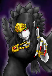 Rule 34 | 1girl, armband, bare shoulders, black dress, black hair, black wings, bracelet, breasts, collarbone, colored sclera, dress, duel monster, emblem, fabled grimro, feathers, female focus, fingernails, foreshortening, green eyes, hair between eyes, head tilt, jewelry, long fingernails, long hair, long image, looking at viewer, monster girl, multicolored eyes, nail polish, necklace, outstretched arm, pale skin, parted lips, pataneet, pointing, pointing at viewer, pointy ears, purple background, red nails, red sclera, ring, simple background, smile, solo, standing, tall image, tiara, upper body, wings, yu-gi-oh!, yu-gi-oh! duel monsters