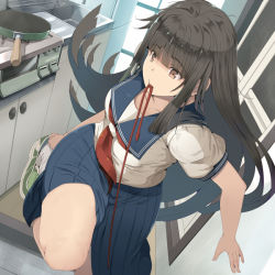 Rule 34 | 1girl, black hair, blue skirt, blunt bangs, brown eyes, cabinet, commentary request, counter, green footwear, hair ribbon, hair tie in mouth, indoors, kitchen, leg up, long hair, mouth hold, original, pleated skirt, pot, red neckwear, ribbon, sailor collar, school uniform, serafuku, shoes, short sleeves, sidelocks, sink, skirt, sneakers, stove, sts, thighs