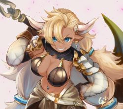 Rule 34 | 1girl, almeida (granblue fantasy), armor, bikini, bikini top only, blonde hair, blue eyes, breasts, colored eyebrows, dark skin, dark-skinned female, detached sleeves, draph, earrings, gloves, granblue fantasy, grin, hand on own hip, horns, jewelry, large breasts, long hair, navel piercing, over shoulder, pauldrons, pickaxe, piercing, pointy ears, shoulder armor, simple background, smile, solo, swimsuit, tetuhebi, upper body, v-shaped eyebrows, very long hair, weapon, weapon over shoulder
