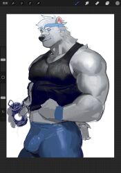 Rule 34 | 1boy, art program in frame, bandaid, bandaid on face, bandaid on nose, bara, bear boy, ben (rollingstonex6), black tank top, borrowed character, bulge, from side, furry, furry male, headband, large pectorals, lifted by self, male focus, mature male, muscular, muscular male, original, pectorals, powerlesssong, short hair, sidepec, solo, tank top, thick eyebrows, unfinished, white hair
