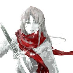 Rule 34 | 1girl, bad id, bad pixiv id, dipterayae, kamiya kaoru, katana, keihachi (toutou to), long hair, red scarf, red theme, rurouni kenshin, scarf, solo, spot color, sword, tears, weapon