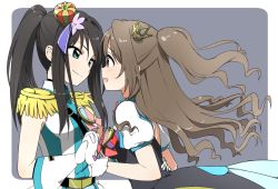 Rule 34 | &gt;:), 10s, 2girls, aqua eyes, black hair, brown eyes, brown hair, crown, crystal night party, dress, epaulettes, eye contact, from side, gloves, half updo, holding hands, hand on another&#039;s hip, idolmaster, idolmaster cinderella girls, long hair, looking at another, mini crown, multiple girls, naraba yueni, one side up, open mouth, ponytail, profile, puff and slash sleeves, puffy short sleeves, puffy sleeves, shibuya rin, shimamura uzuki, short sleeves, smile, star!!, v-shaped eyebrows, white gloves, yuri