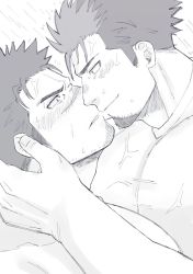 Rule 34 | 2boys, blush, close-up, eye contact, facial hair, goatee, greyscale, harada (basashi), imminent kiss, looking at another, male focus, monochrome, multiple boys, orange eyes, original, partially colored, pectoral docking, pectoral press, pectorals, topless male, short hair, spiked hair, sweat, white background, yaoi, yellow eyes