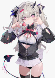 Rule 34 | 1girl, :&lt;, apron, back bow, bandaid, bandaid on head, bat hair ornament, belt, belt collar, black jacket, black panties, black thighhighs, bow, bra, breasts, candy, chromatic aberration, collar, cowboy shot, crescent, crescent hair ornament, detached collar, food, frills, grey nails, hair ornament, hairpin, heart, heart-shaped lollipop, highres, horns, jacket, lollipop, long hair, long sleeves, looking up, maid apron, maid headdress, nail polish, original, panties, pink eyes, pink ribbon, red neckwear, red ribbon, ribbon, safety pin, shaped lollipop, sidelocks, signature, silver hair, simple background, small breasts, solo, syringe, tail, tail ornament, tail ribbon, thighhighs, thighs, twintails, u tnmn, underwear, unzipped, white background, white bow, white bra, zipper
