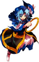 Rule 34 | 1girl, alphes, blue eyes, blue hair, colored eyelashes, dress, eyelashes, female focus, full body, game cg, holding, hood, hoodie, hopeless masquerade, jewelry, kesa, kumoi ichirin, long hair, long sleeves, matching hair/eyes, necklace, official art, open mouth, outstretched arm, pendant, shoes, solo, touhou, transparent background, wide sleeves