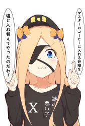 Rule 34 | 1girl, :3, abigail williams (fate), absurdres, bad id, bad twitter id, baseball cap, black hat, black shirt, blonde hair, blue bow, blue eyes, bow, closed mouth, clothes writing, collarbone, commentary request, eyepatch, fate/grand order, fate (series), hair bow, hands up, hat, highres, index fingers raised, long hair, long sleeves, looking at viewer, mitchi, orange bow, shirt, simple background, solo, translation request, upper body, white background