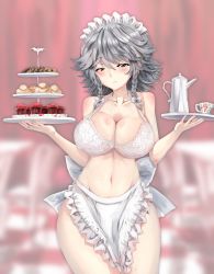 Rule 34 | 1girl, absurdres, alternate breast size, alternate costume, alternate eye color, apron, blurry, blurry background, bow, bra, braid, breasts, chair, cleavage, collarbone, cookie, cowboy shot, cup, cupcake, food, food request, frilled apron, frills, grey eyes, grey hair, grin, hair bow, half-closed eyes, hands up, head tilt, highres, holding, holding tray, huge breasts, izayoi sakuya, large breasts, looking at viewer, maid headdress, navel, nearly naked apron, short hair, smile, solo, spiked hair, stomach, sunnysideup, table, teacup, teapot, thighs, touhou, tray, twin braids, underwear, waist apron, white apron, white bow, white bra